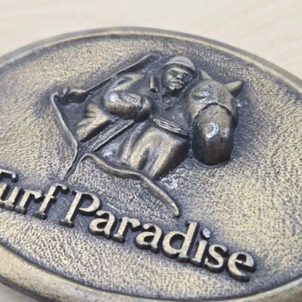 Turf Paradise Belt Buckle Horse Jockey Racing Vintage Metal‎ Western Americana